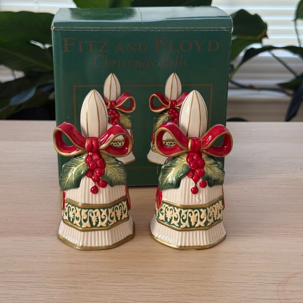 Fitz & Floyd Christmas Bells Salt & Pepper Shakers Handcrafted Ceramic Set Of Tw